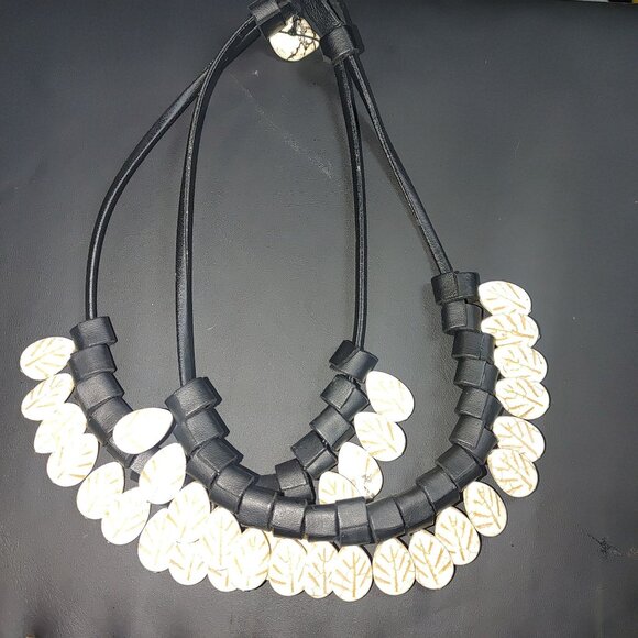 Tribal Necklace Black Tube Leather Stone White Leaf Beads Boho Statement Jewelry - Picture 8 of 15